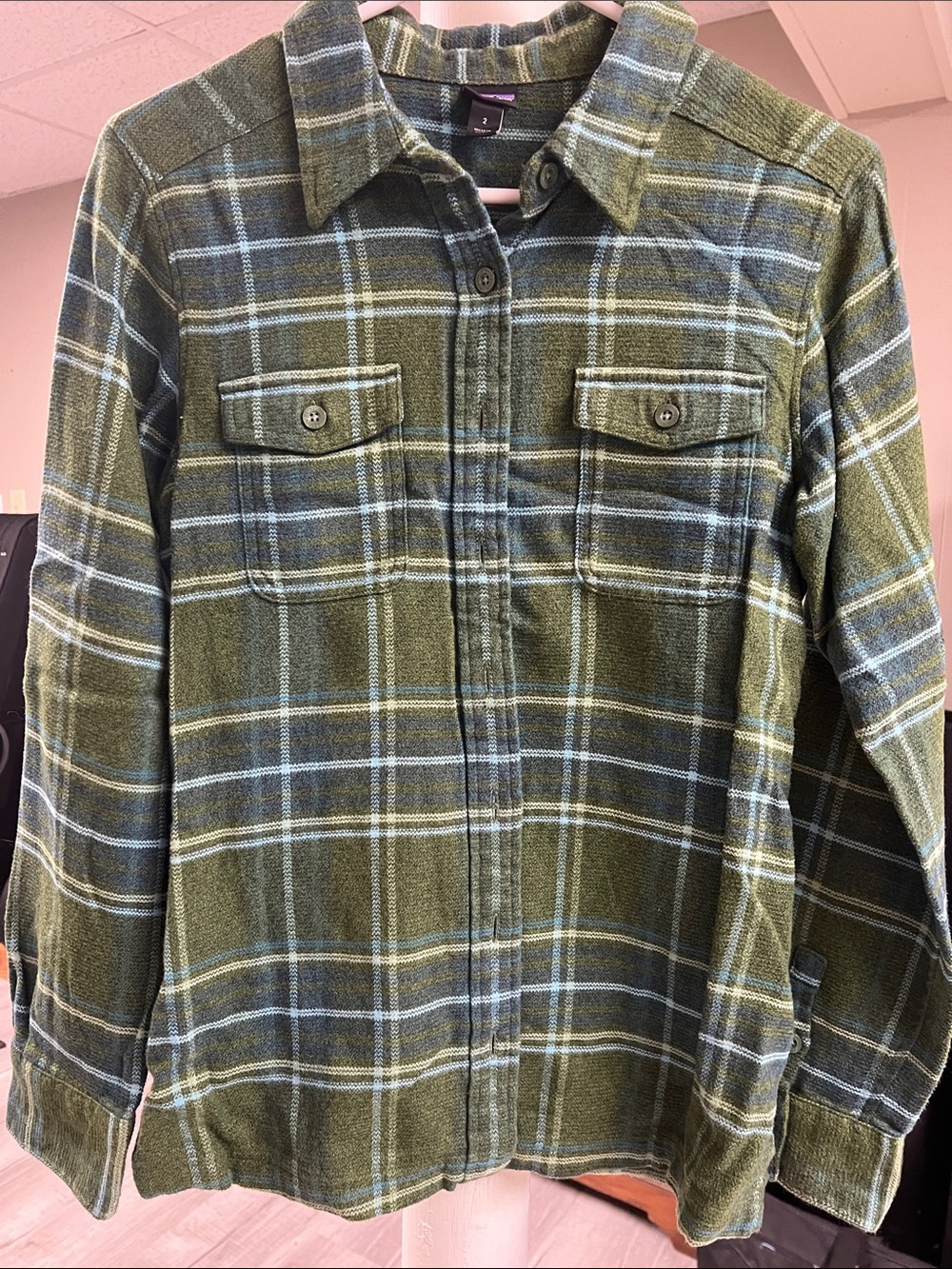 Patagonia Olive and Blue Plaid Button-Down Shirt NEW SO SOFT! Sz 2